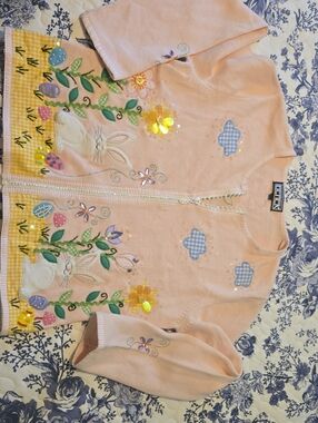 Berer Light Pink Bunny & Floral Embroidered Zip Jacket